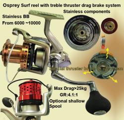 osprey surf casting reel with thruster brake drag system. Surf casting reel max drag>25kgs