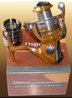 Osprey spinning reels with a wooden pattern body. Size #5000 with 8BB spinning reel